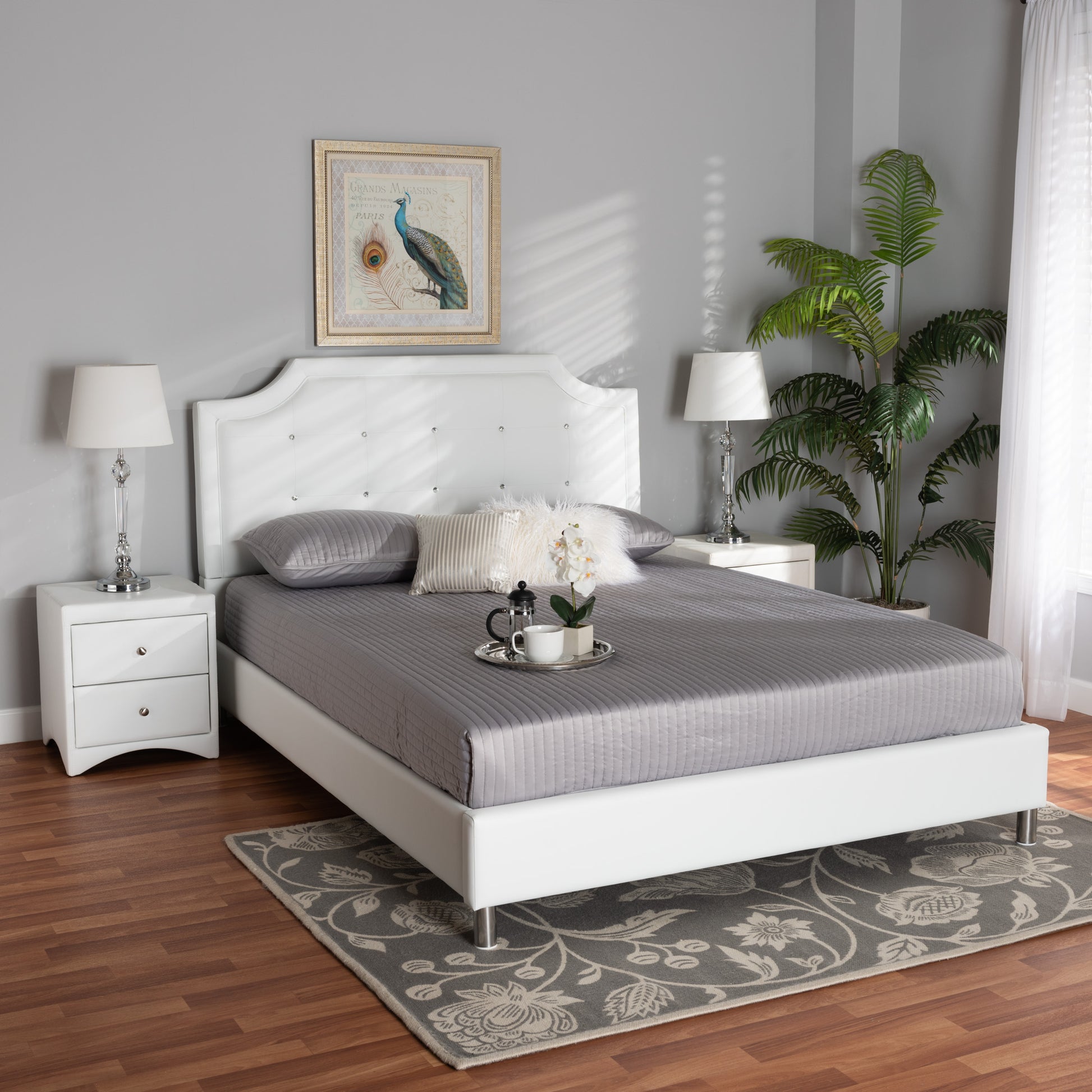 Baxton Studio Carlotta Contemporary Glam White Faux Leather Upholstered Full Size 3-Piece Bedroom Set | Beds | Modishstore