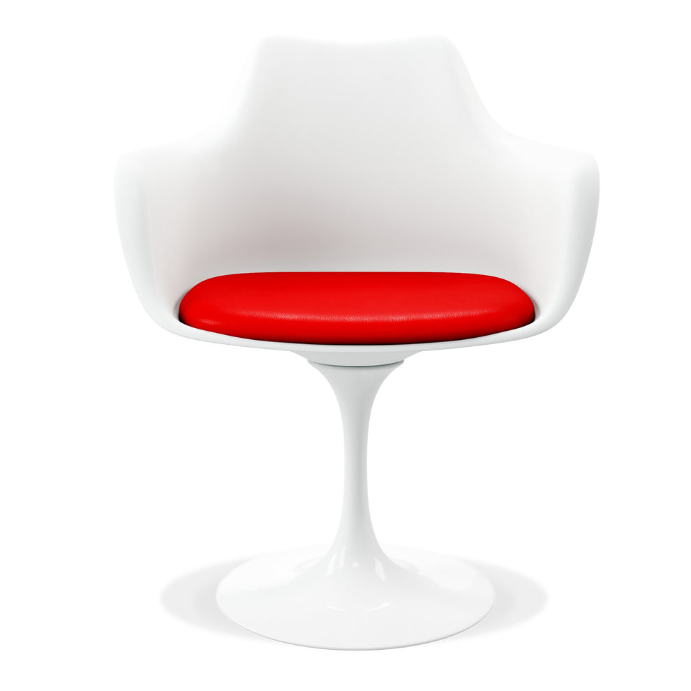 White Heavy Duty Plastic Swivel Dining Arm Chair With Red Faux Leather Cushion By Homeroots | Dining Chairs | Modishstore - 6