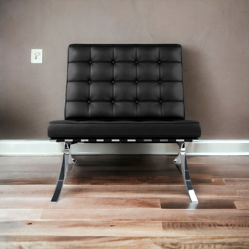 Black and Silver Italian Leather Tufted Lounge Chair By Homeroots | Accent Chairs | Modishstore - 1