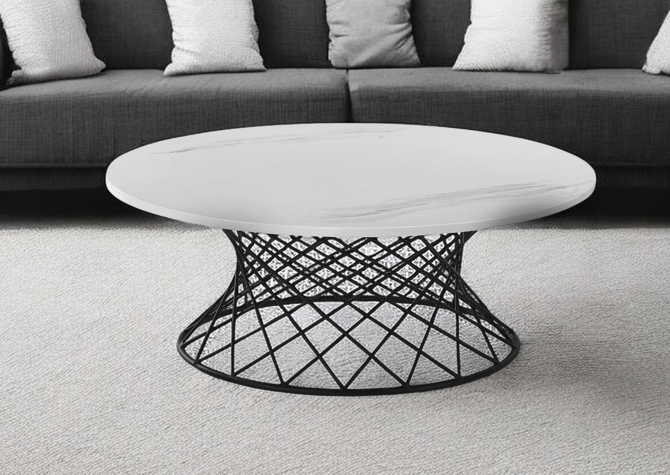 White And Black Genuine Marble And Metal Round Coffee Table By Homeroots | Coffee Tables | Modishstore - 1