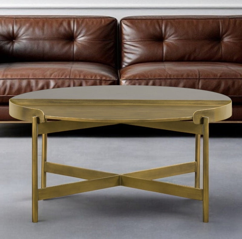 Gray And Brass Concrete And Metal Round Coffee Table By Homeroots | Coffee Tables | Modishstore - 1