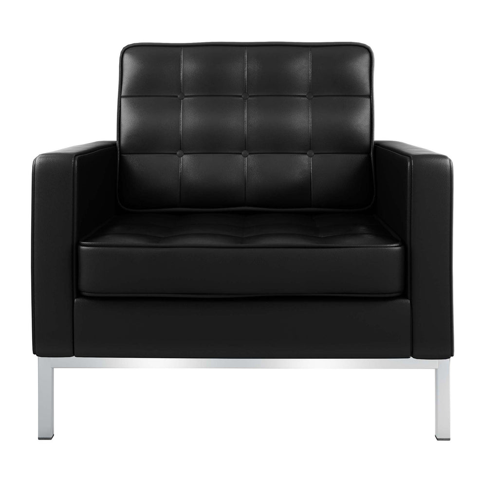 Black and Silver Italian Leather Tufted Club Chair By Homeroots | Accent Chairs | Modishstore - 2