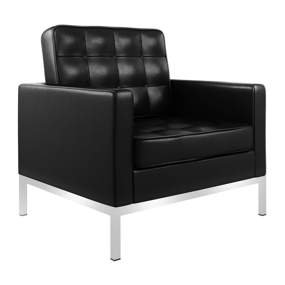 Black and Silver Italian Leather Tufted Club Chair By Homeroots | Accent Chairs | Modishstore - 3