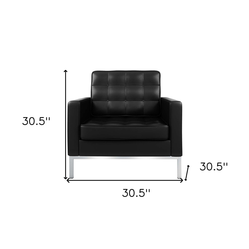 Black and Silver Italian Leather Tufted Club Chair By Homeroots | Accent Chairs | Modishstore - 8