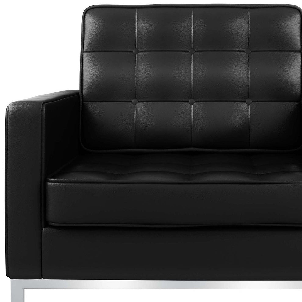 Black and Silver Italian Leather Tufted Club Chair By Homeroots | Accent Chairs | Modishstore - 7