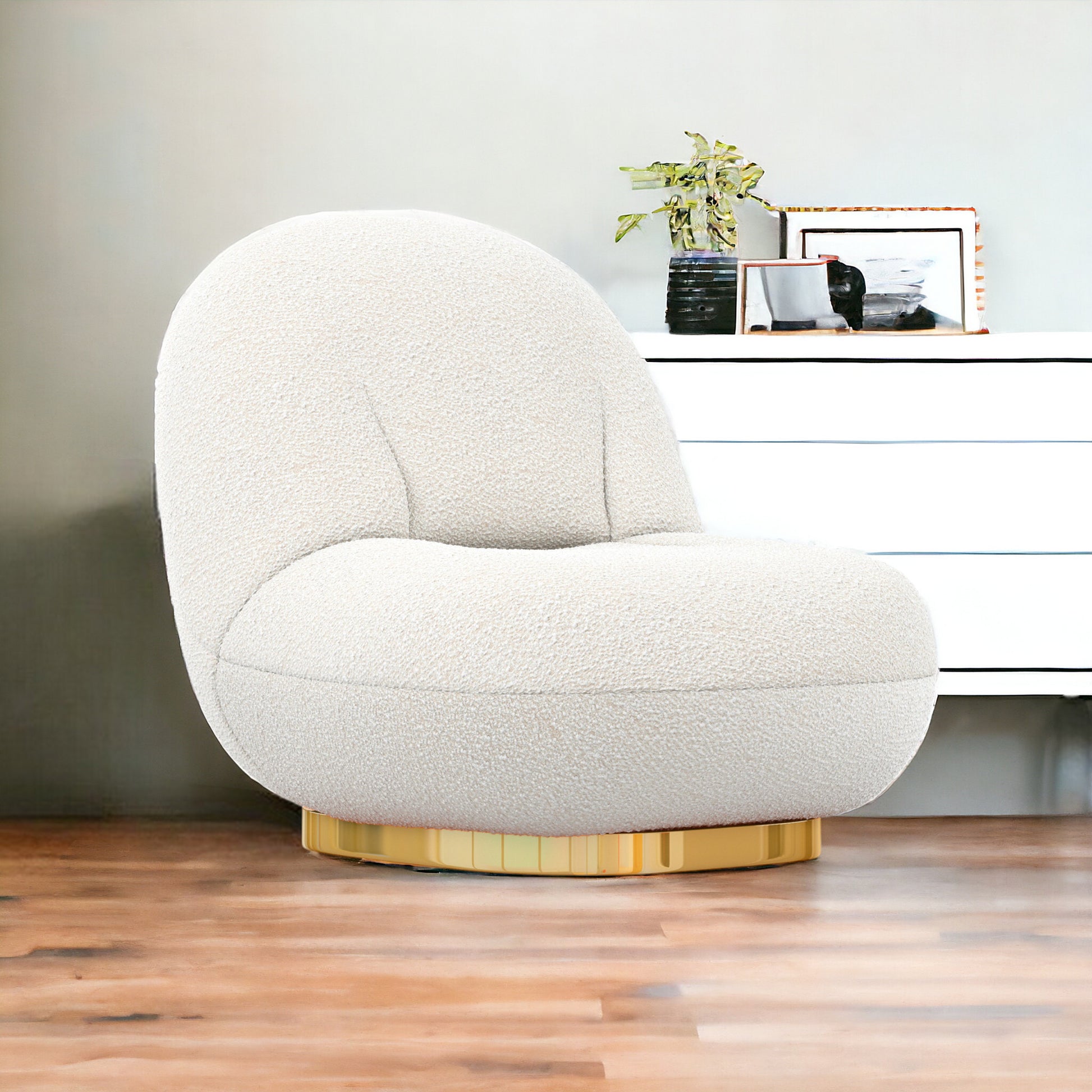 White and Gold Boucle Slipper Chair By Homeroots | Accent Chairs | Modishstore - 1