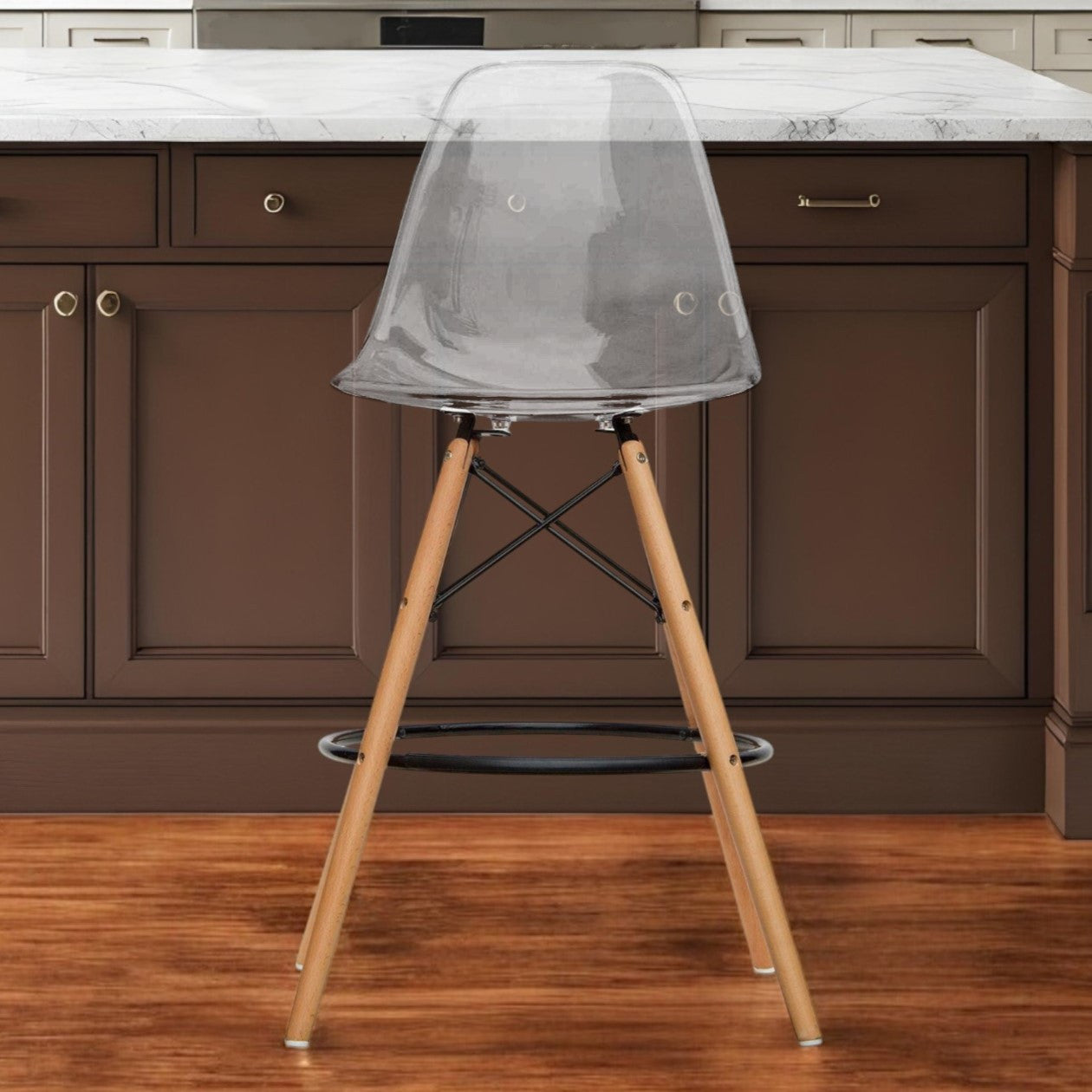 Clear And Brown Acrylic And Solid Wood Counter Height Bar Chair By Homeroots | Bar Stools | Modishstore - 1