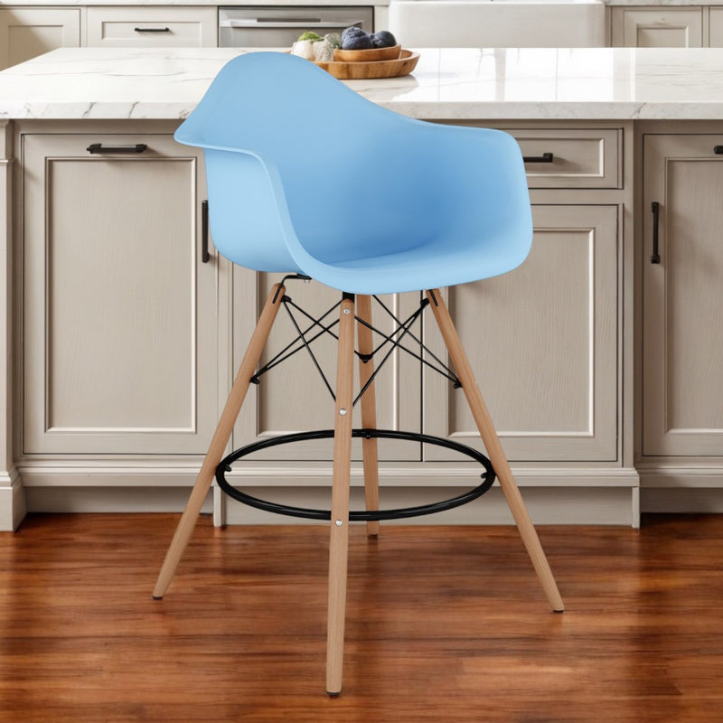 Light Blue And Brown Heavy Duty Plastic And Solid Wood Low Back Counter Height Bar Chair By Homeroots | Bar Stools | Modishstore - 1