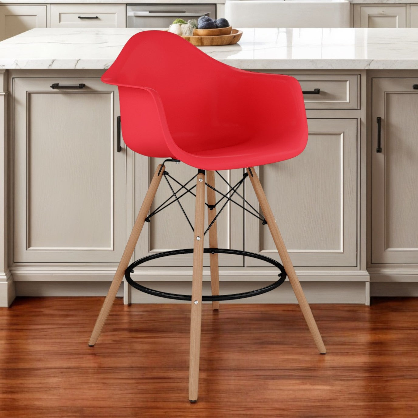Red And Brown Heavy Duty Plastic And Solid Wood Low Back Counter Height Bar Chair By Homeroots | Bar Stools | Modishstore - 1