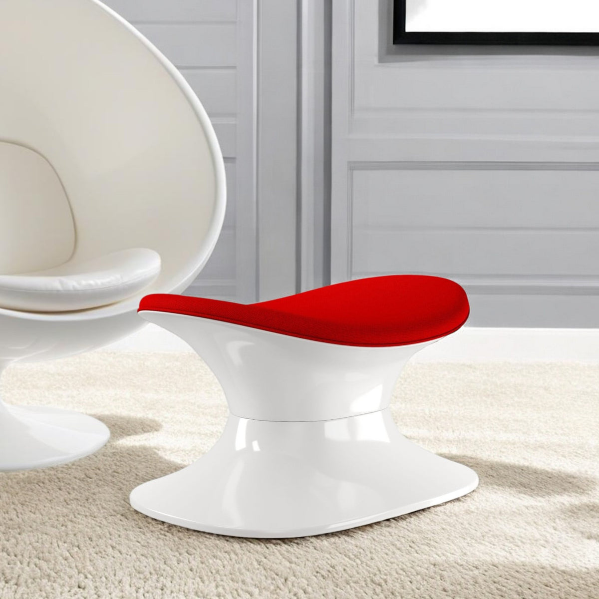 Red and White Wool And Fiberglass Contempo Footstool Ottoman By Homeroots | Ottomans | Modishstore - 1