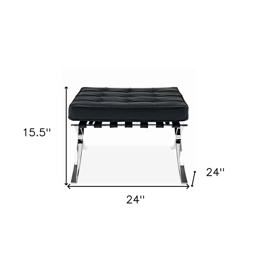 Black Genuine Leather and Silver Tufted Footstool Ottoman By Homeroots | Ottomans | Modishstore - 8