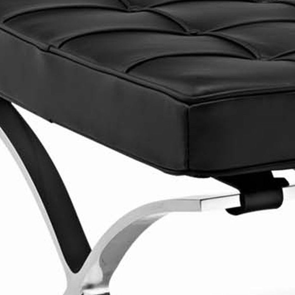 Black Genuine Leather and Silver Tufted Footstool Ottoman By Homeroots | Ottomans | Modishstore - 6
