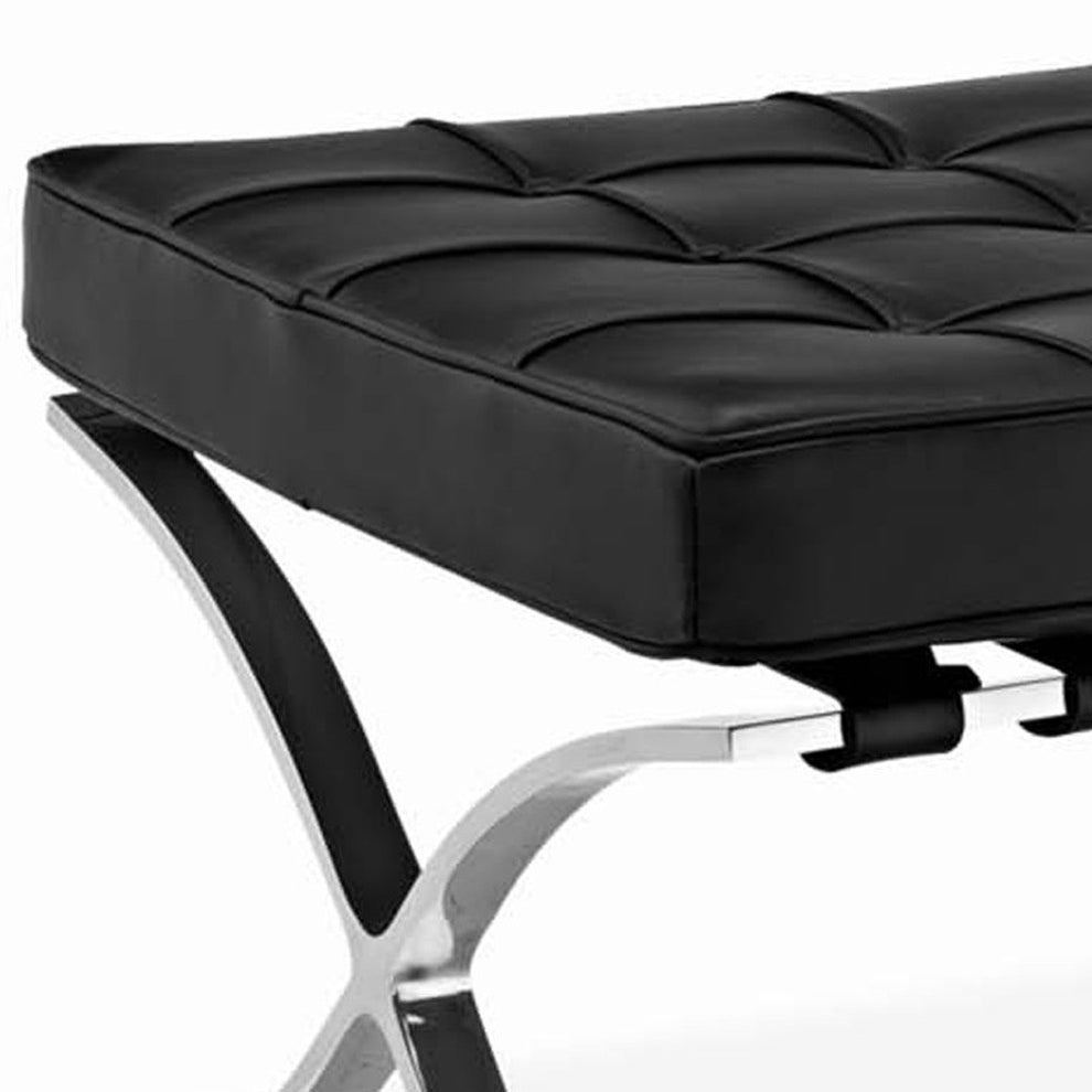 Black Genuine Leather and Silver Tufted Footstool Ottoman By Homeroots | Ottomans | Modishstore - 7