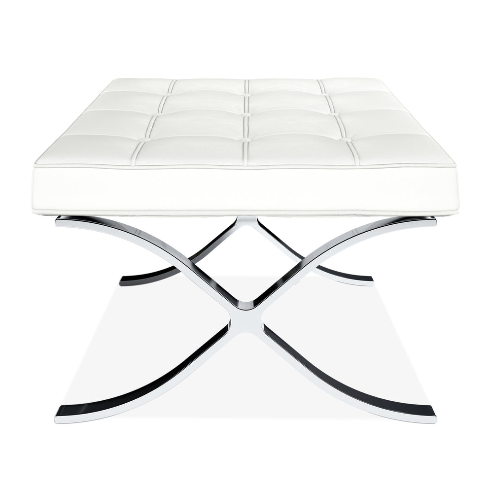 White Genuine Leather and Silver Tufted Footstool Ottoman By Homeroots | Ottomans | Modishstore - 3