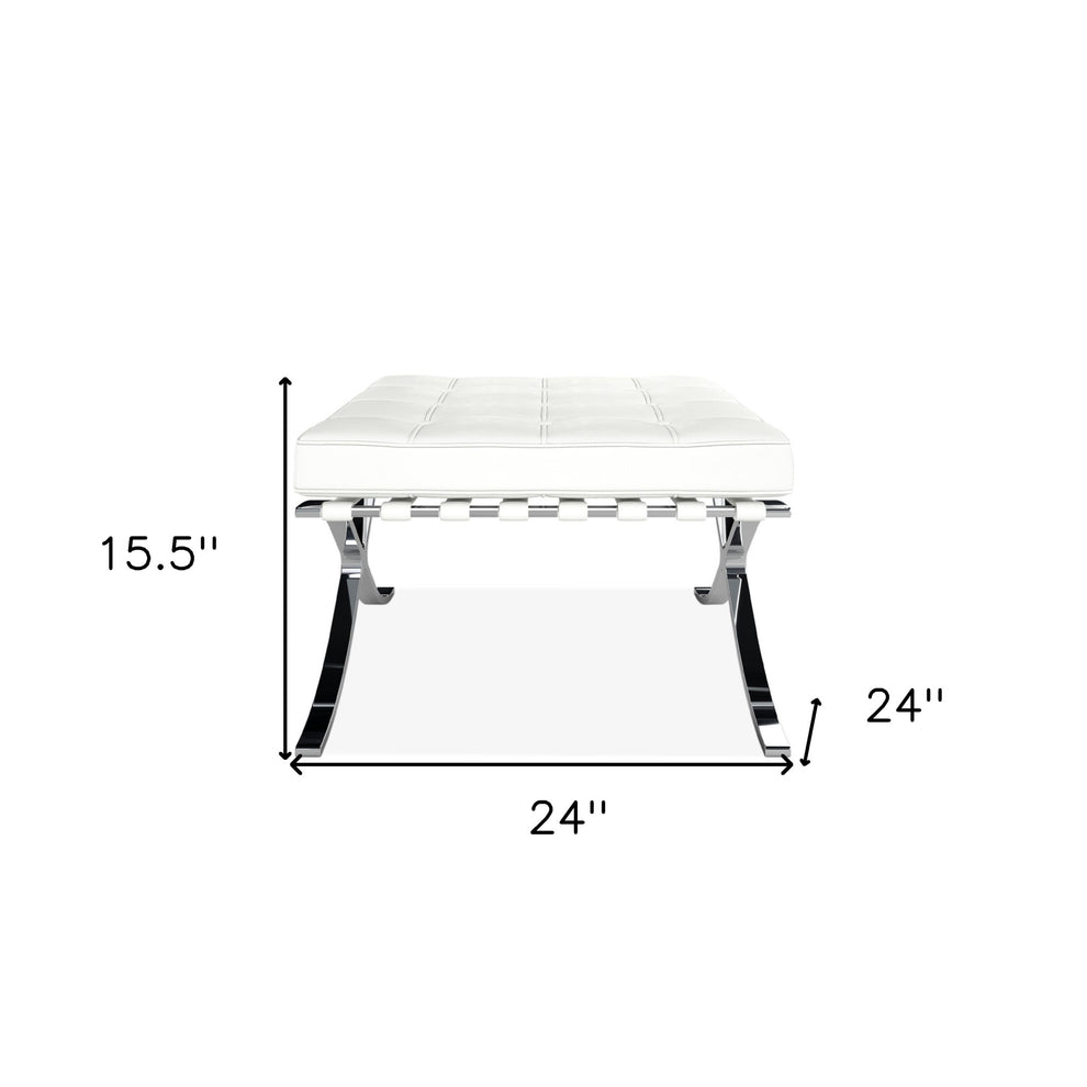 White Genuine Leather and Silver Tufted Footstool Ottoman By Homeroots | Ottomans | Modishstore - 6