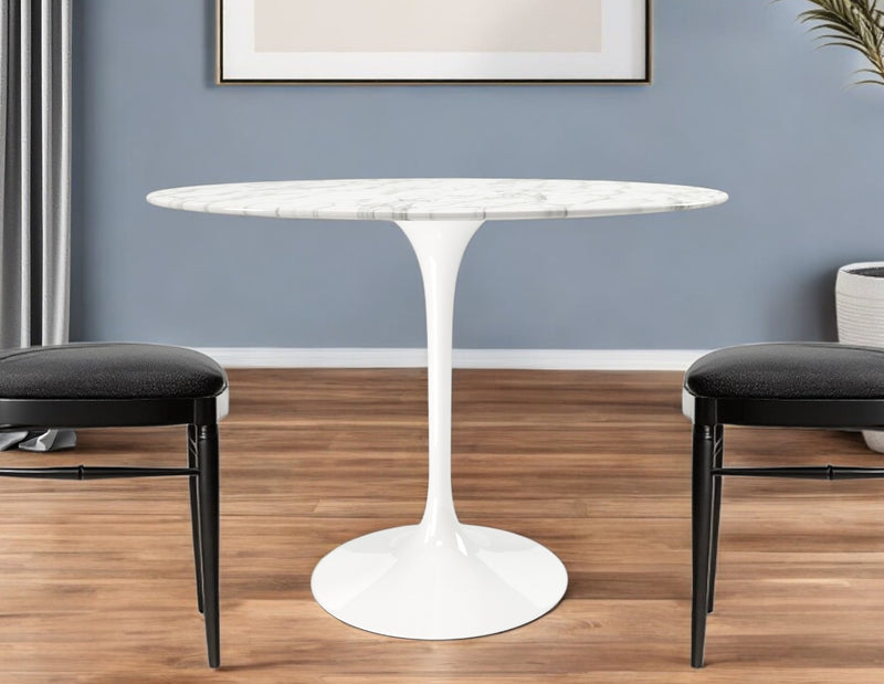 White Rounded Stone And Metal Pedestal Base Dining Table By Homeroots | Dining Tables | Modishstore - 1