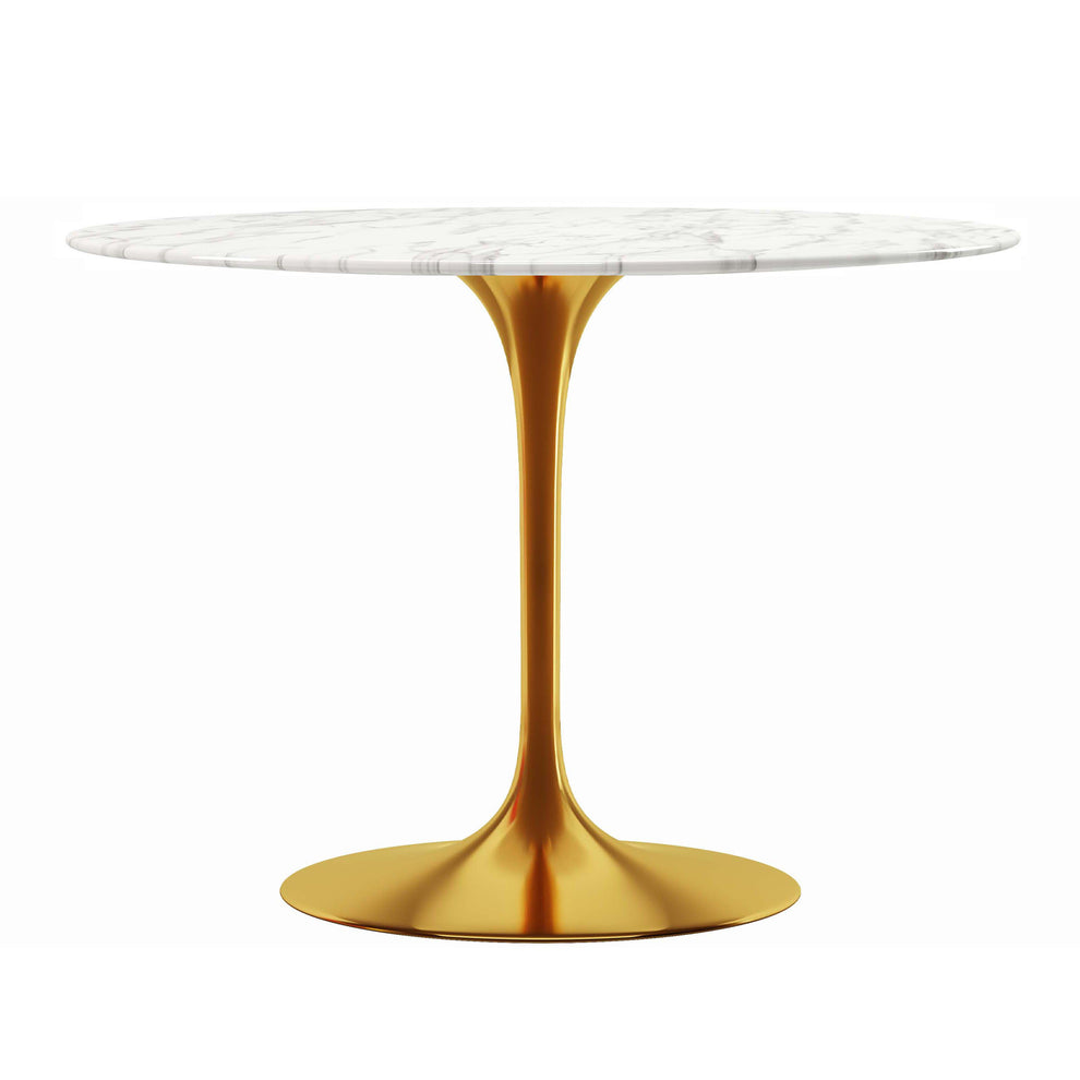White And Gold Rounded Marble And Metal Pedestal Base Dining Table By Homeroots | Dining Tables | Modishstore - 2