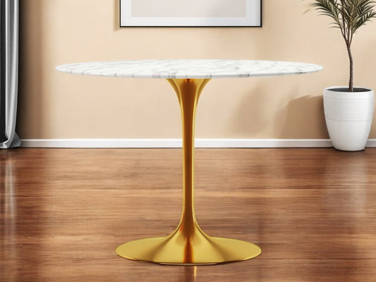 White And Gold Rounded Marble And Metal Pedestal Base Dining Table By Homeroots | Dining Tables | Modishstore - 1