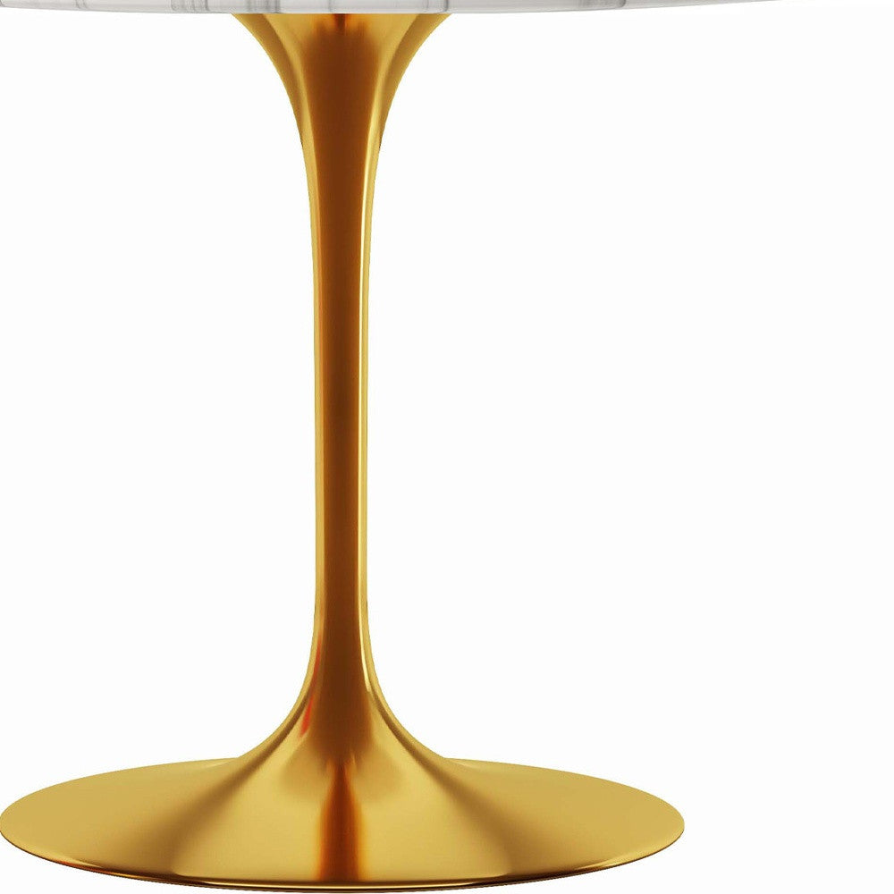White And Gold Rounded Marble And Metal Pedestal Base Dining Table By Homeroots | Dining Tables | Modishstore - 6