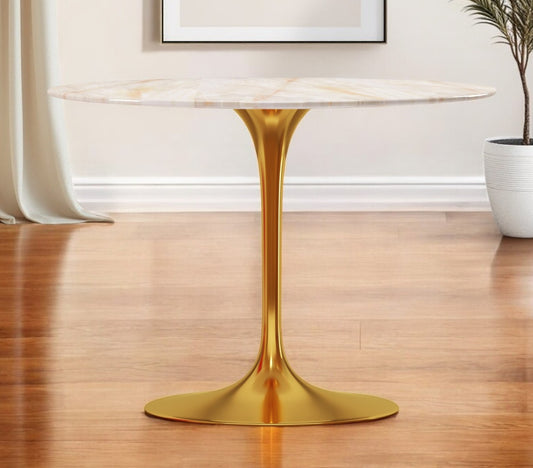 White And Gold Rounded Stone And Metal Pedestal Base Dining Table By Homeroots | Dining Tables | Modishstore - 1