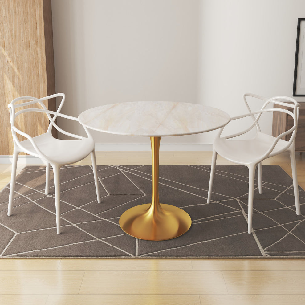 White And Gold Rounded Stone And Metal Pedestal Base Dining Table By Homeroots | Dining Tables | Modishstore - 5