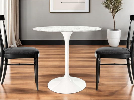 White Rounded Marble And Metal Pedestal Base Dining Table By Homeroots | Dining Tables | Modishstore - 1