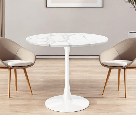 White Rounded Metal Pedestal Base Dining Table By Homeroots | Dining Tables | Modishstore - 1