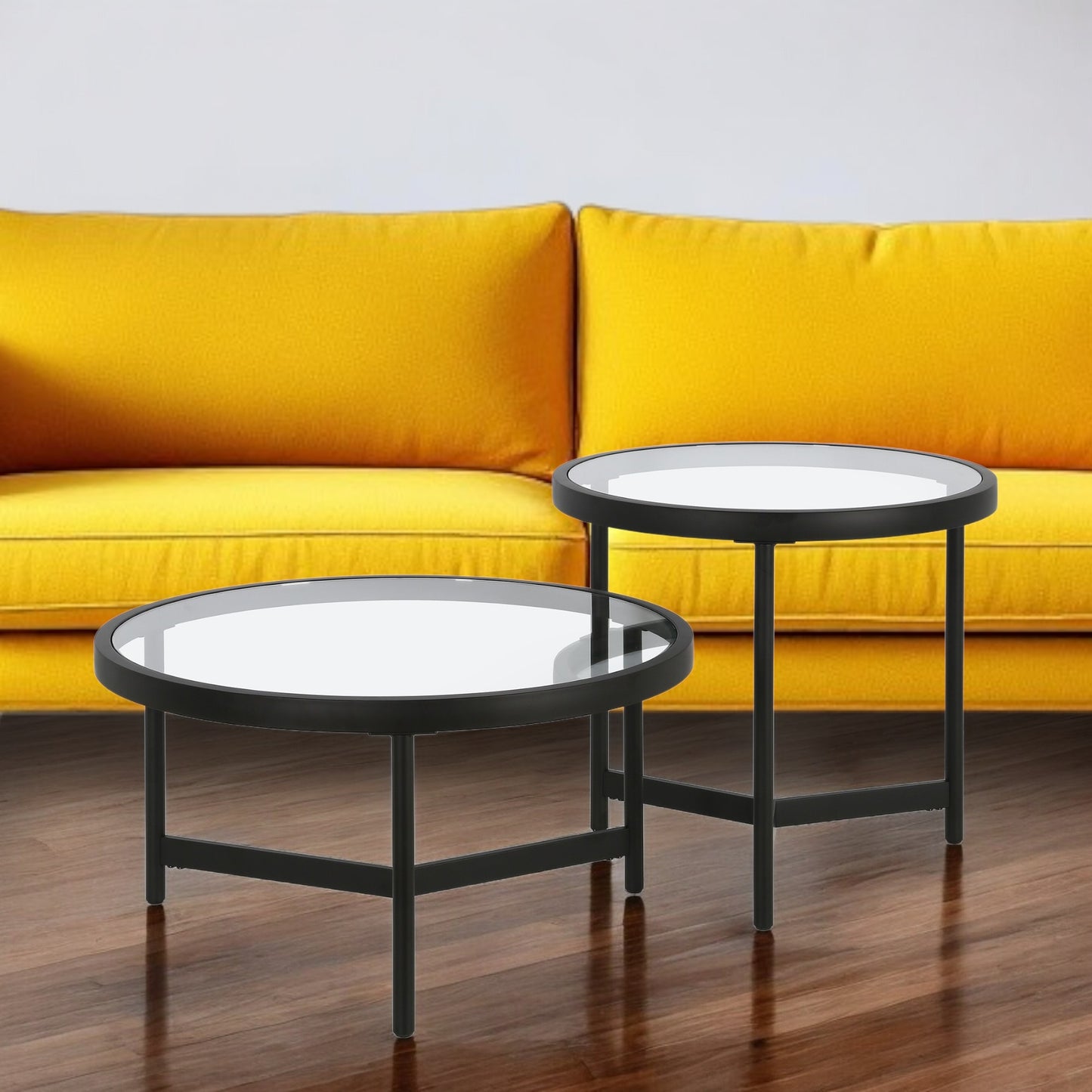 Set of Two Black Glass And Steel Round Nested Coffee Tables By Homeroots | Coffee Tables | Modishstore - 1