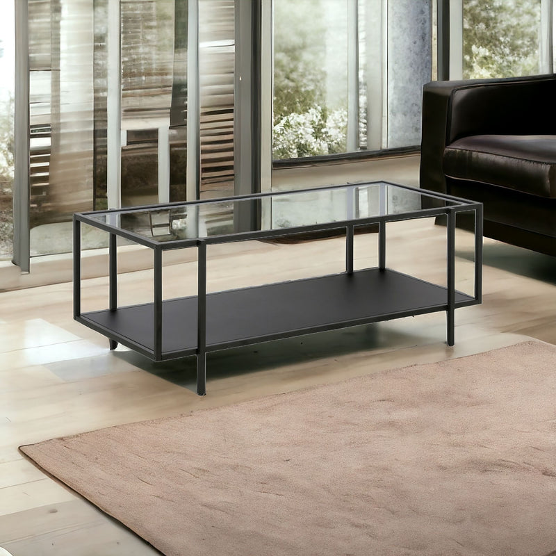 Clear And Black Glass And Steel Coffee Table With Shelf By Homeroots | Coffee Tables | Modishstore - 1
