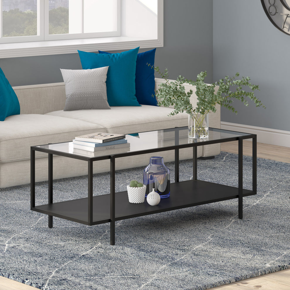 Clear And Black Glass And Steel Coffee Table With Shelf By Homeroots | Coffee Tables | Modishstore - 5