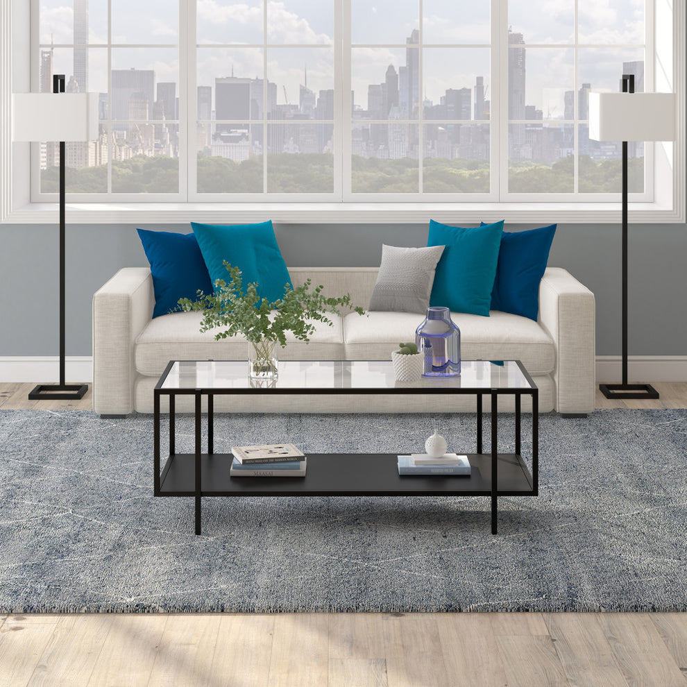 Clear And Black Glass And Steel Coffee Table With Shelf By Homeroots | Coffee Tables | Modishstore - 6