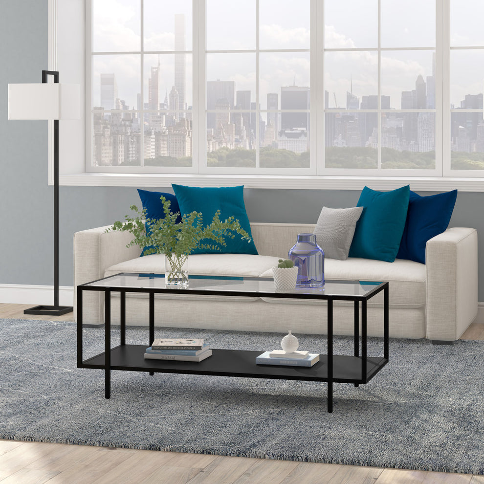 Clear And Black Glass And Steel Coffee Table With Shelf By Homeroots | Coffee Tables | Modishstore - 7