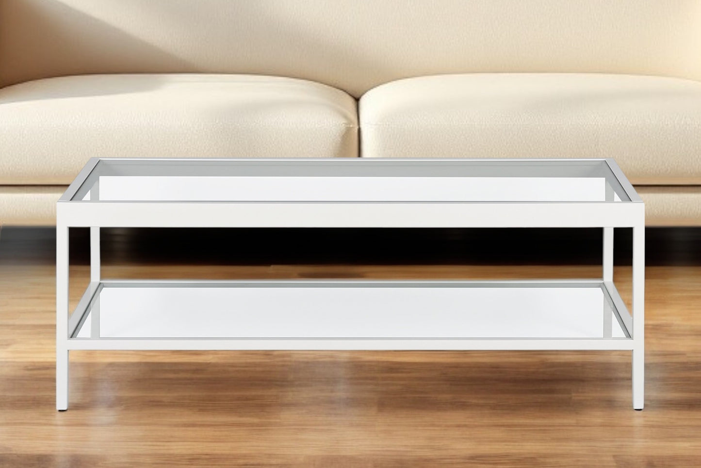 Clear Glass And White Steel Coffee Table With Shelf By Homeroots | Coffee Tables | Modishstore - 1