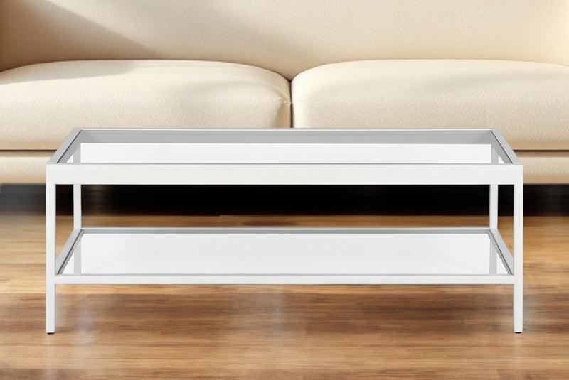 Clear Glass And White Steel Coffee Table With Shelf By Homeroots | Coffee Tables | Modishstore - 1