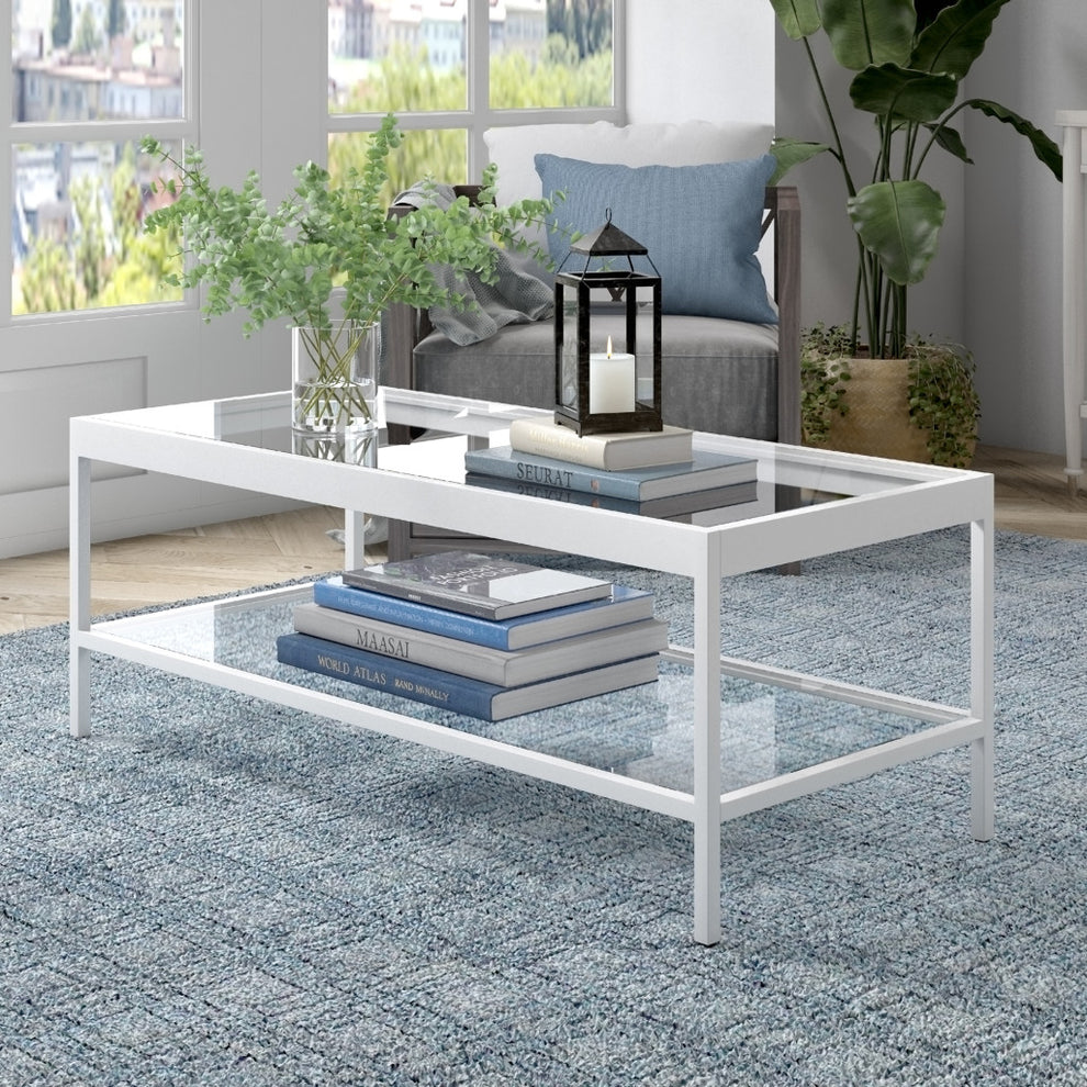 Clear Glass And White Steel Coffee Table With Shelf By Homeroots | Coffee Tables | Modishstore - 8