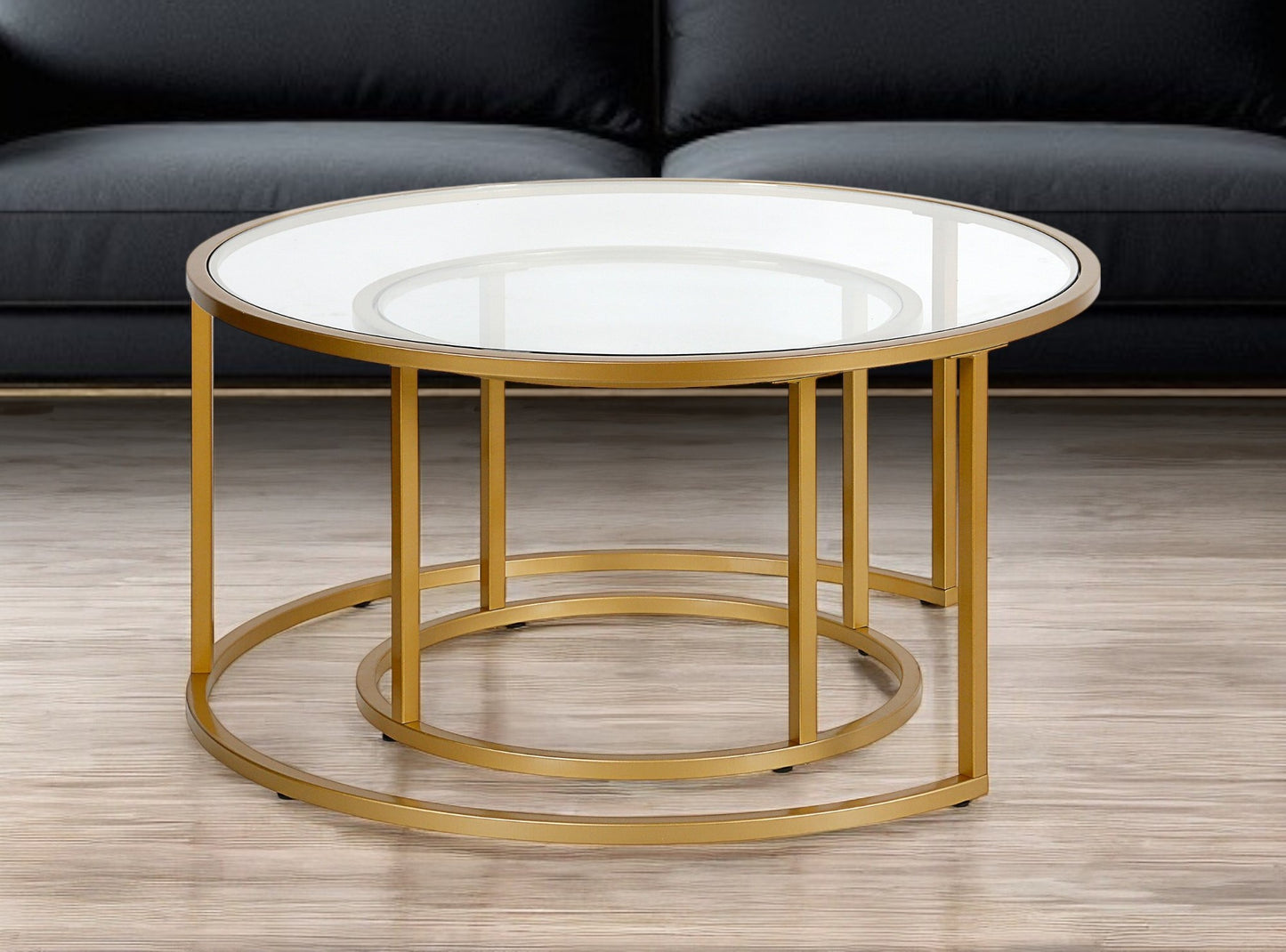 Set of Two Gold Glass And Steel Round Nested Coffee Tables By Homeroots | Coffee Tables | Modishstore - 1