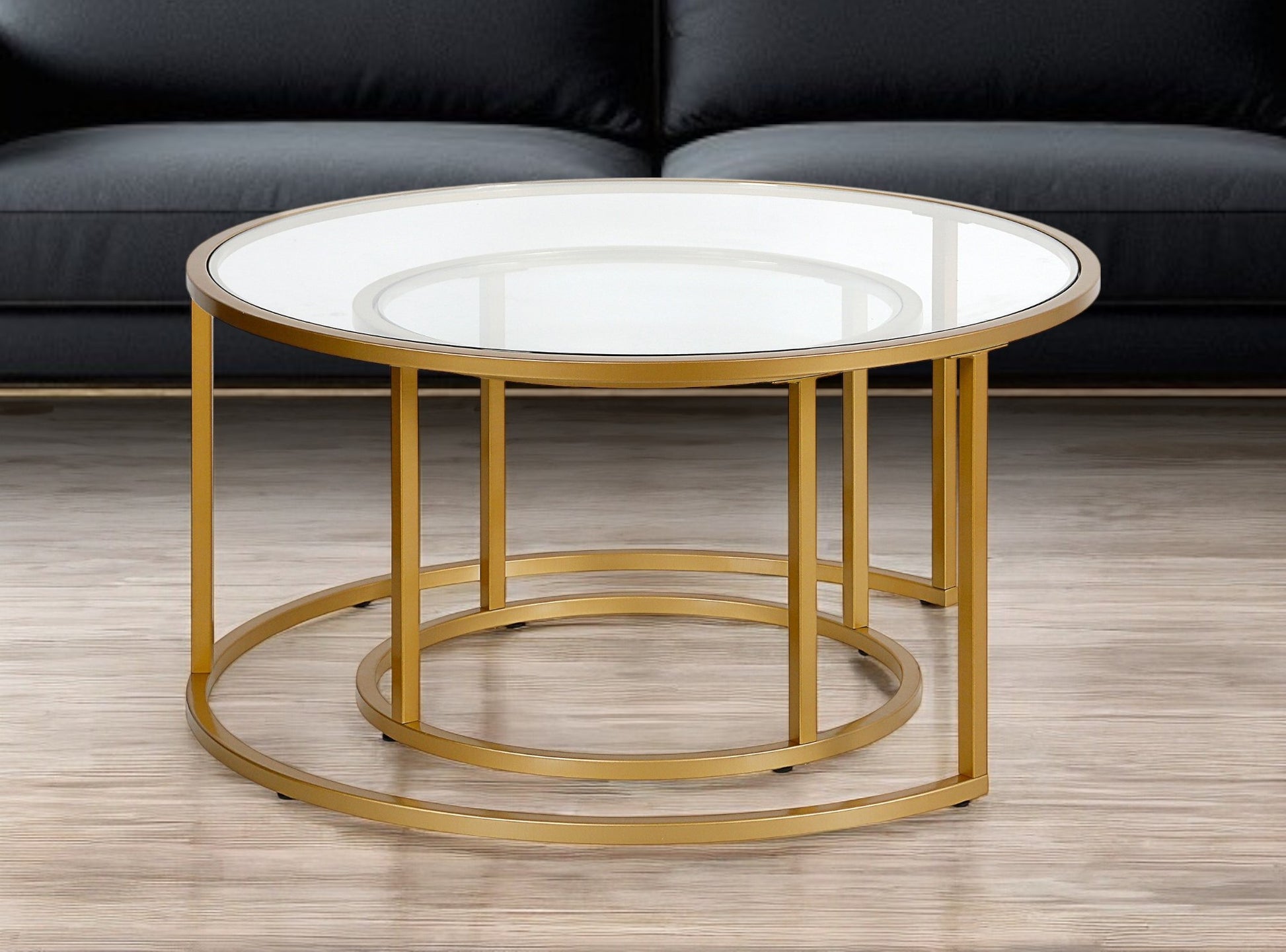 Set of Two Gold Glass And Steel Round Nested Coffee Tables By Homeroots | Coffee Tables | Modishstore - 1