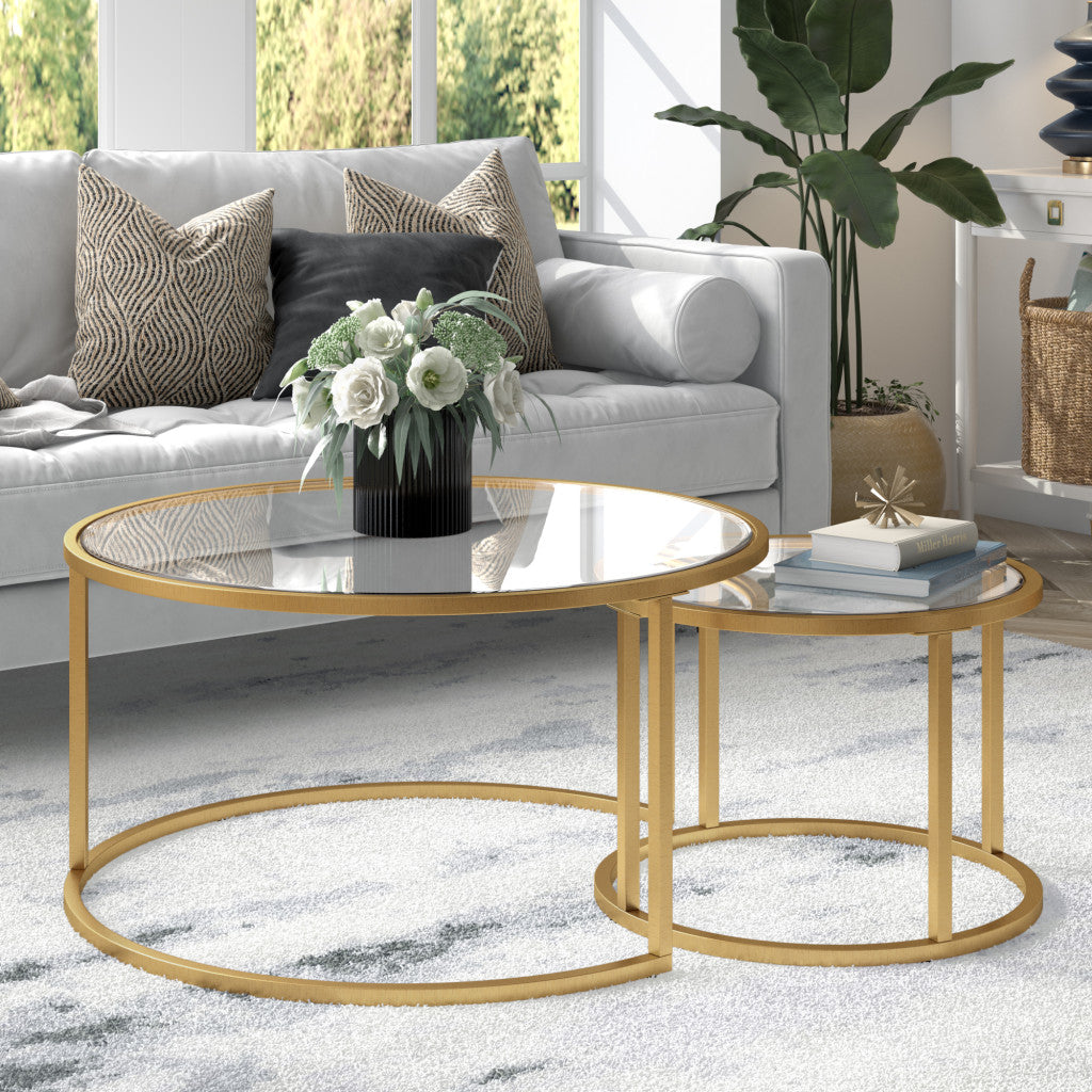 Set of Two Gold Glass And Steel Round Nested Coffee Tables By Homeroots | Coffee Tables | Modishstore - 6