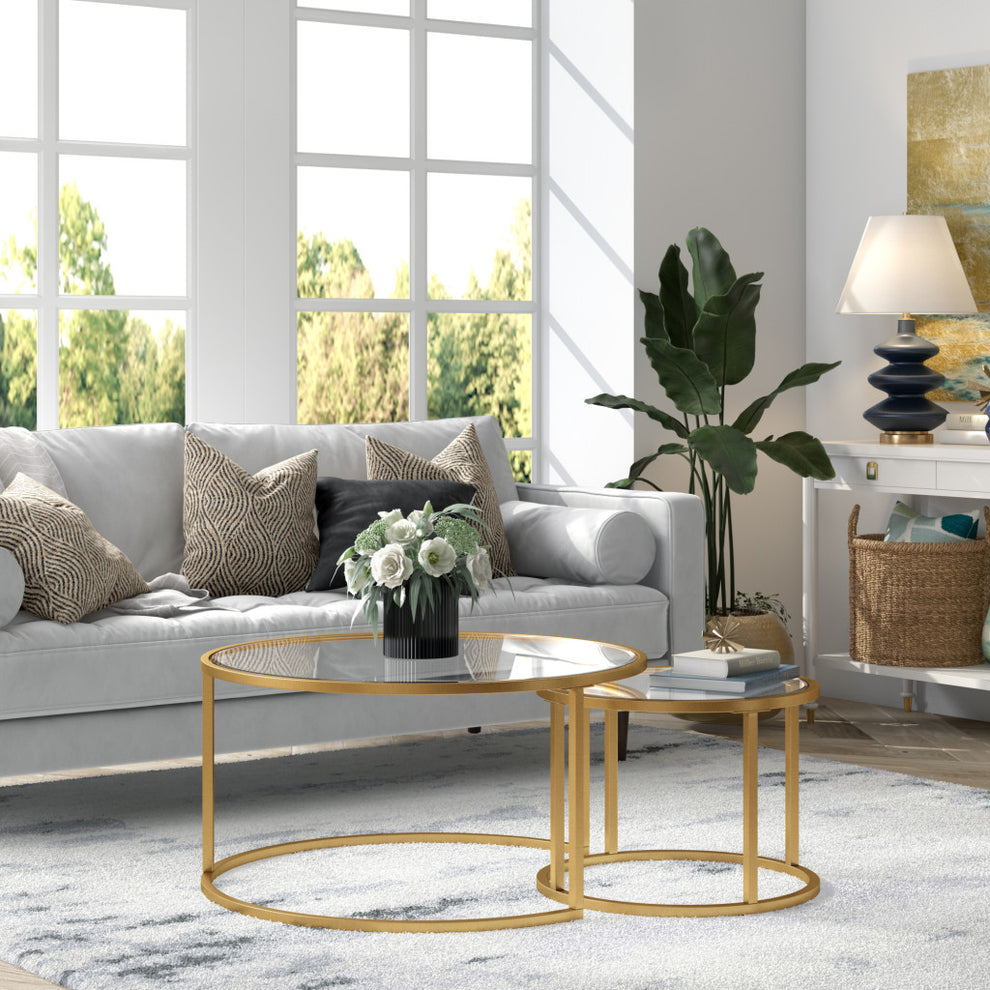 Set of Two Gold Glass And Steel Round Nested Coffee Tables By Homeroots | Coffee Tables | Modishstore - 7