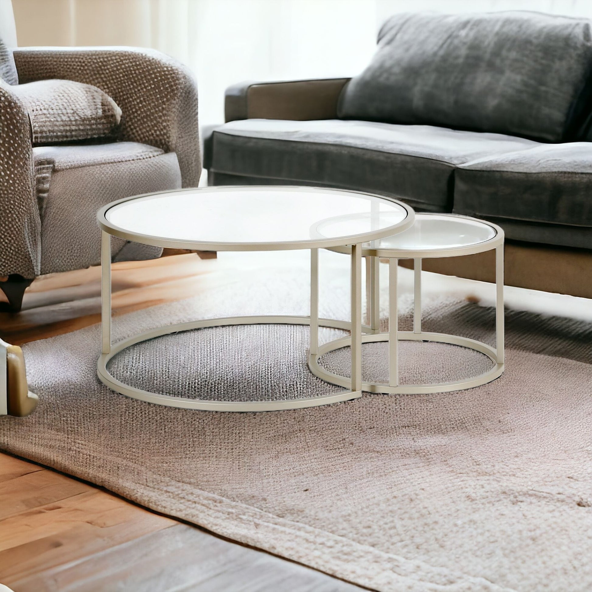 Set of Two Silver Glass And Steel Round Nested Coffee Tables By Homeroots | Coffee Tables | Modishstore - 1