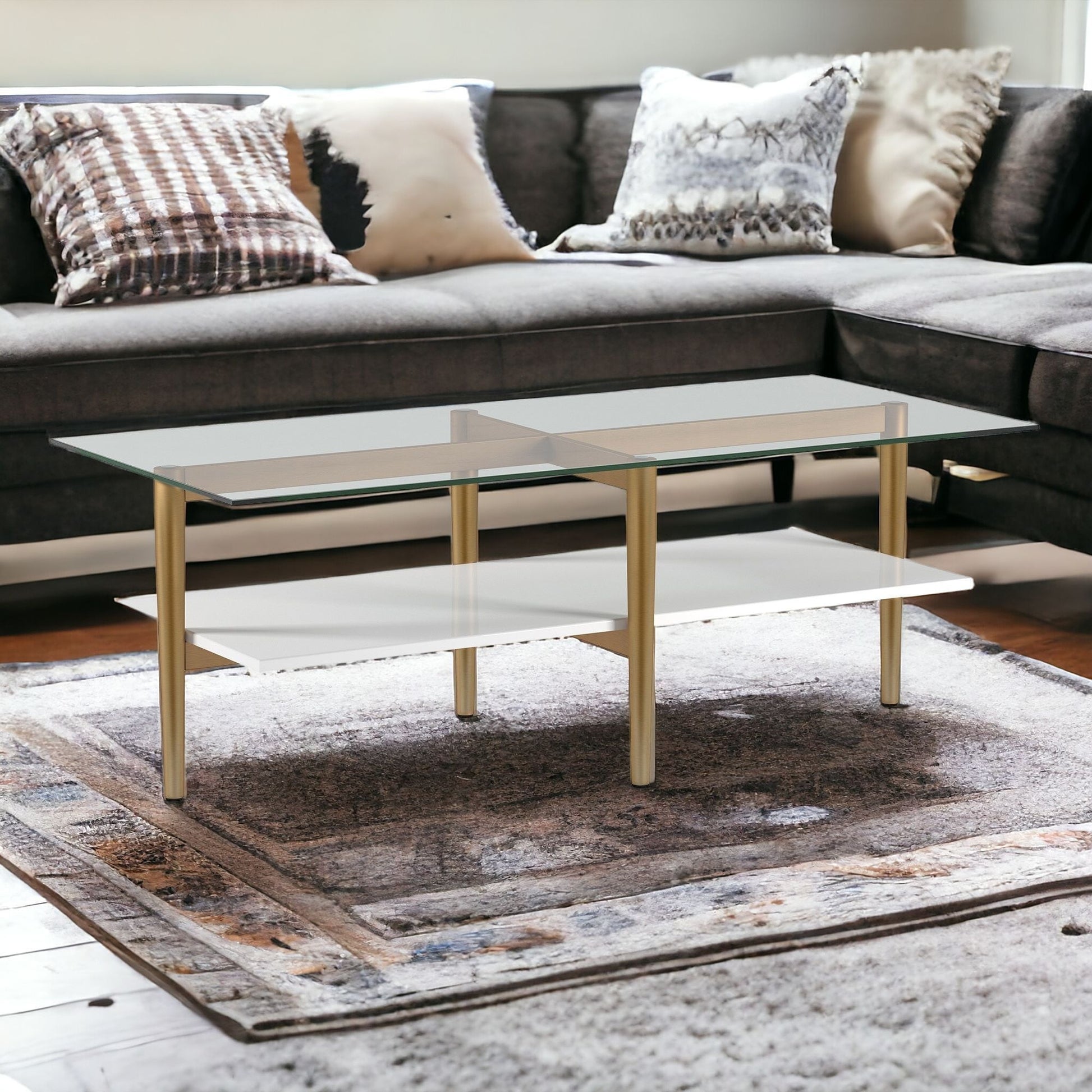 Gold Glass And Steel Coffee Table With Shelf By Homeroots | Coffee Tables | Modishstore - 1