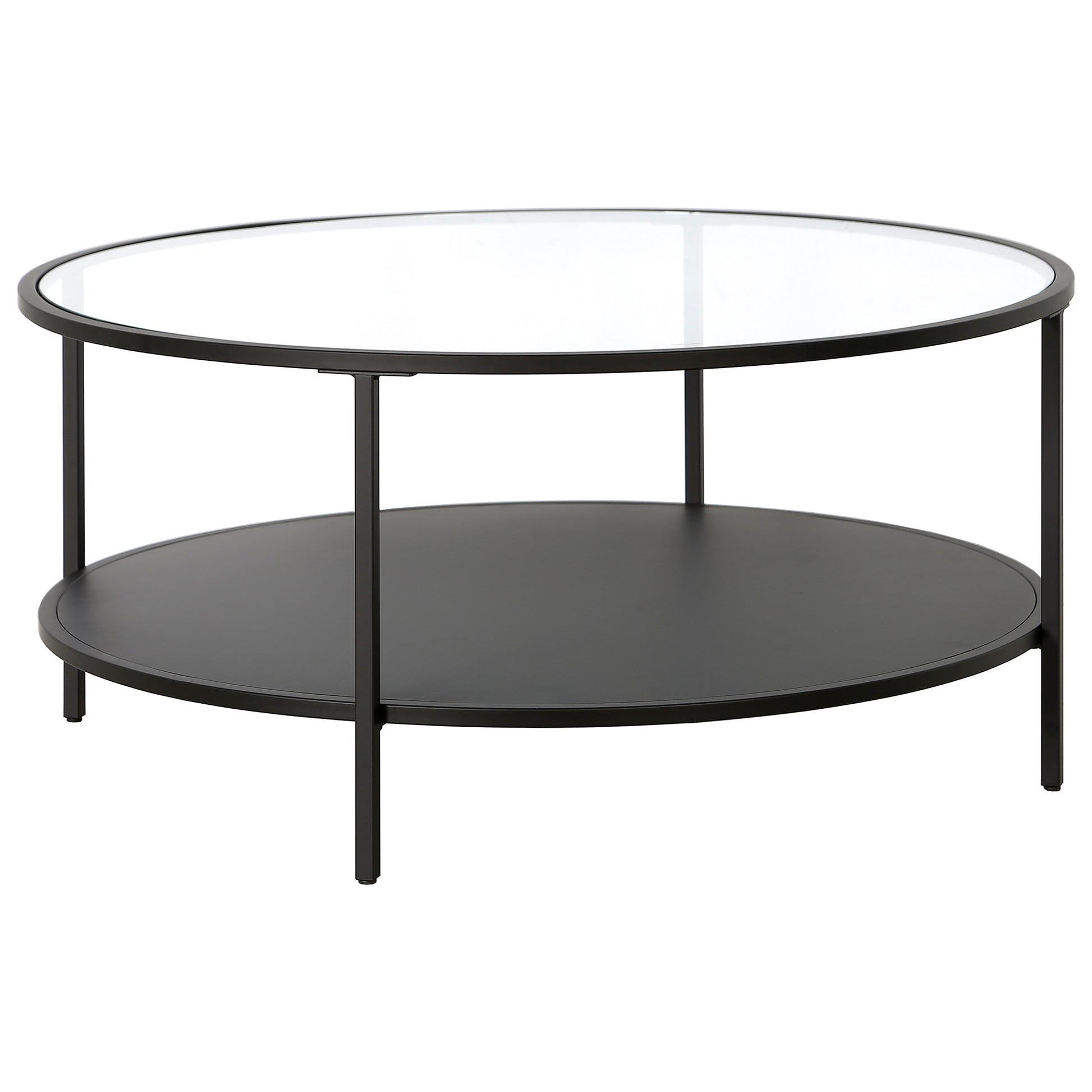 Black Glass And Steel Round Coffee Table With Shelf By Homeroots | Coffee Tables | Modishstore - 2