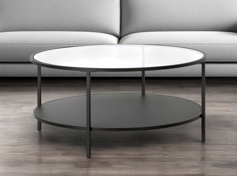Black Glass And Steel Round Coffee Table With Shelf By Homeroots | Coffee Tables | Modishstore - 1