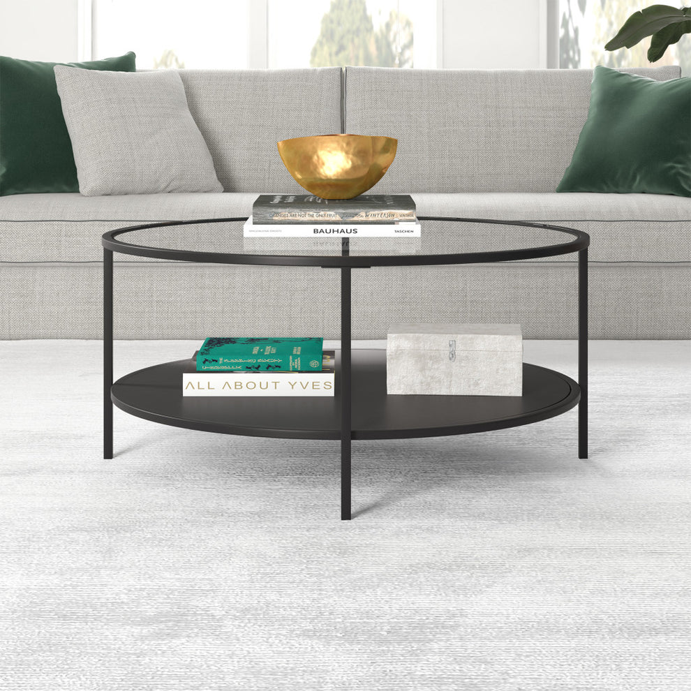 Black Glass And Steel Round Coffee Table With Shelf By Homeroots | Coffee Tables | Modishstore - 5