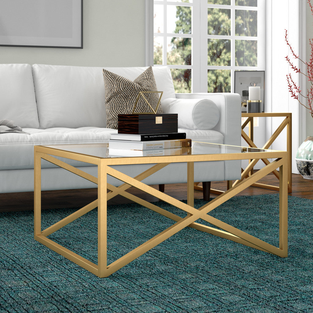 Gold Glass And Steel Square Coffee Table - Thumbnail 5