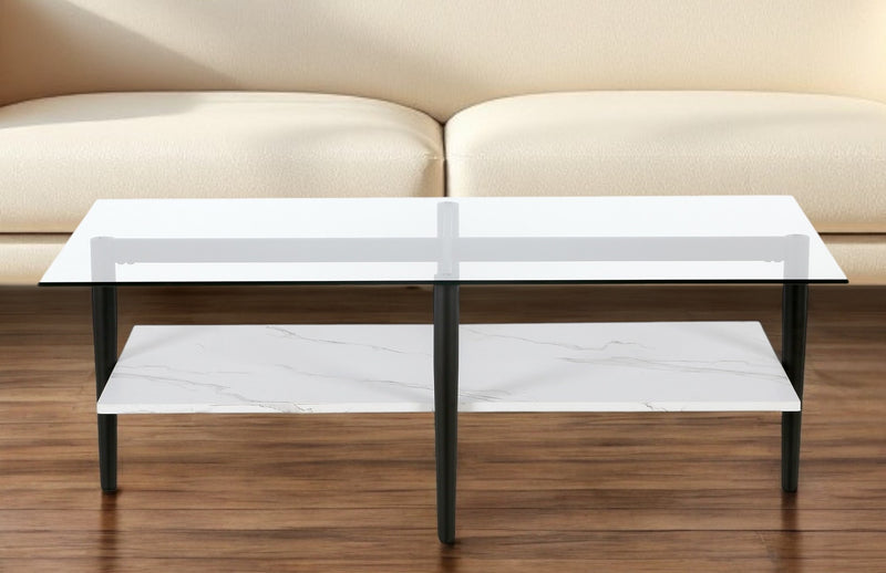 Black Glass And Steel Coffee Table With Shelf By Homeroots | Coffee Tables | Modishstore - 1