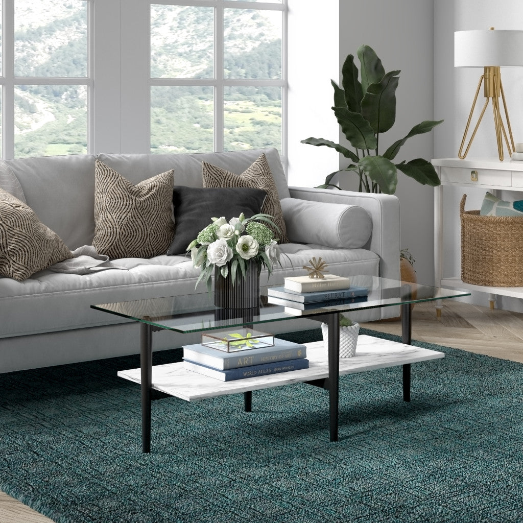 Black Glass And Steel Coffee Table With Shelf By Homeroots | Coffee Tables | Modishstore - 8