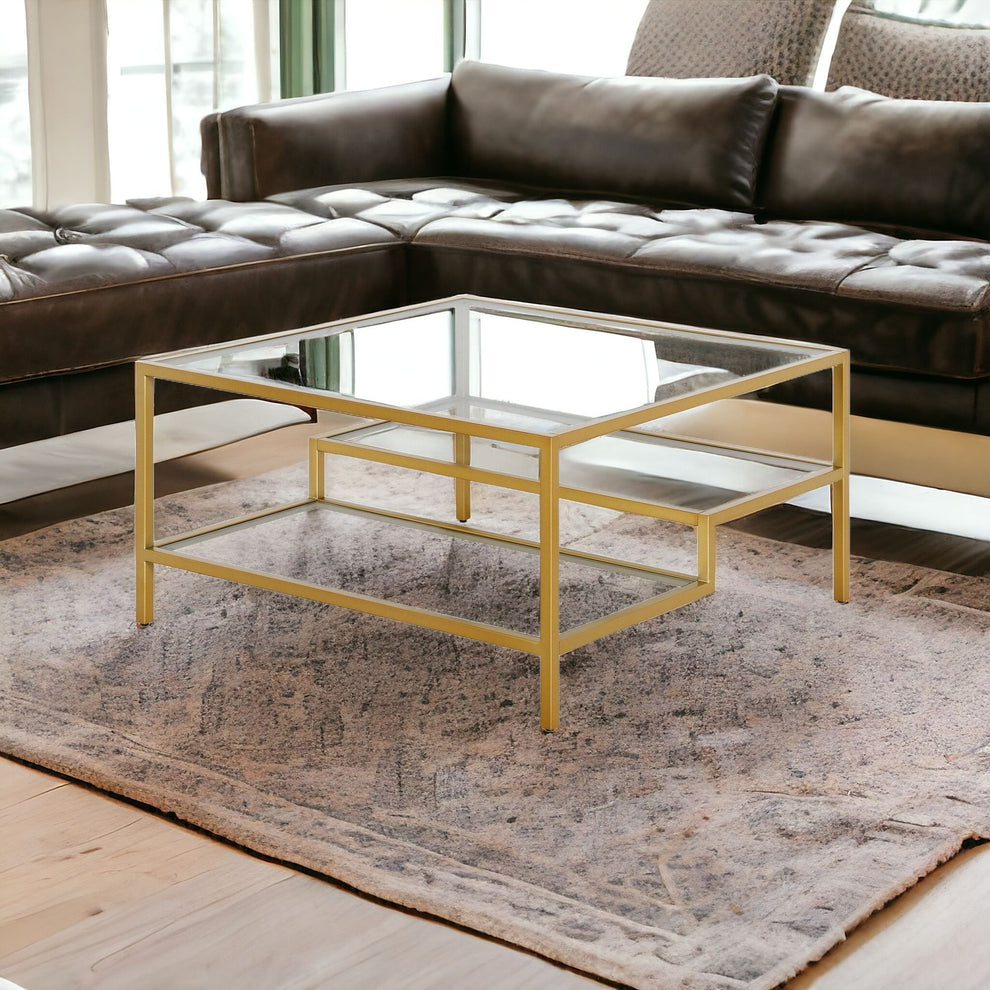 Gold Glass And Steel Square Coffee Table With Two Shelves By Homeroots | Coffee Tables | Modishstore - 2
