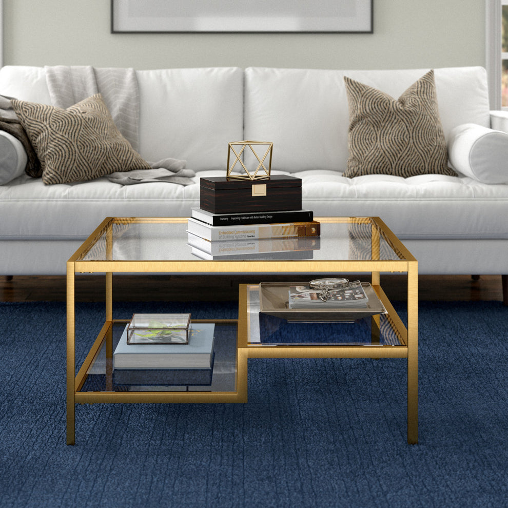 Gold Glass And Steel Square Coffee Table With Two Shelves By Homeroots | Coffee Tables | Modishstore - 5