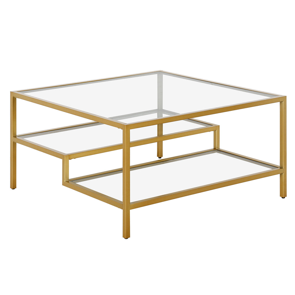 Gold Glass And Steel Square Coffee Table With Two Shelves By Homeroots | Coffee Tables | Modishstore - 4